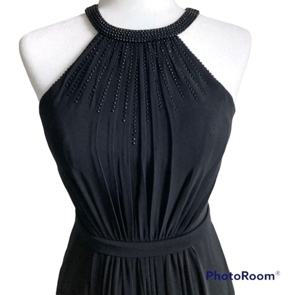 Long Black Halter Top Open Back Beaded Prom Formal Dress - Picture 2 of 3